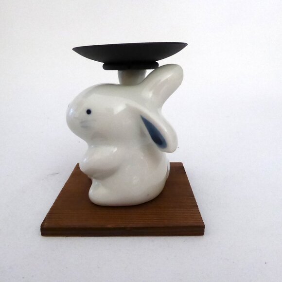 JAPAN JAPANESE CERAMIC BUNNY RABBIT TEA LIGHT CANDLE HOLDER STAND (NEW) - Picture 5 of 11
